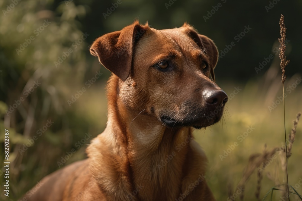 A grassy image of a red dog. Generative AI A grassy image of a red dog. Generative AI