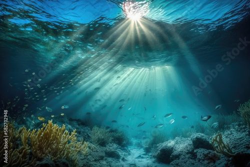Underwater sea in blue sunlight, generative AI