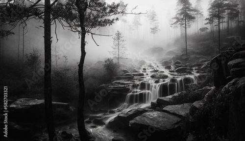 Misty forest with a hidden waterfall