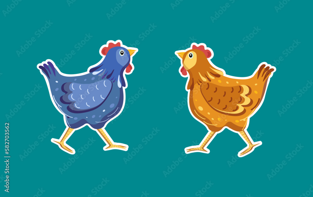 Hen. Sticker, set. Vector flat illustration. Easter. Chickens of different colors. The background is isolated.