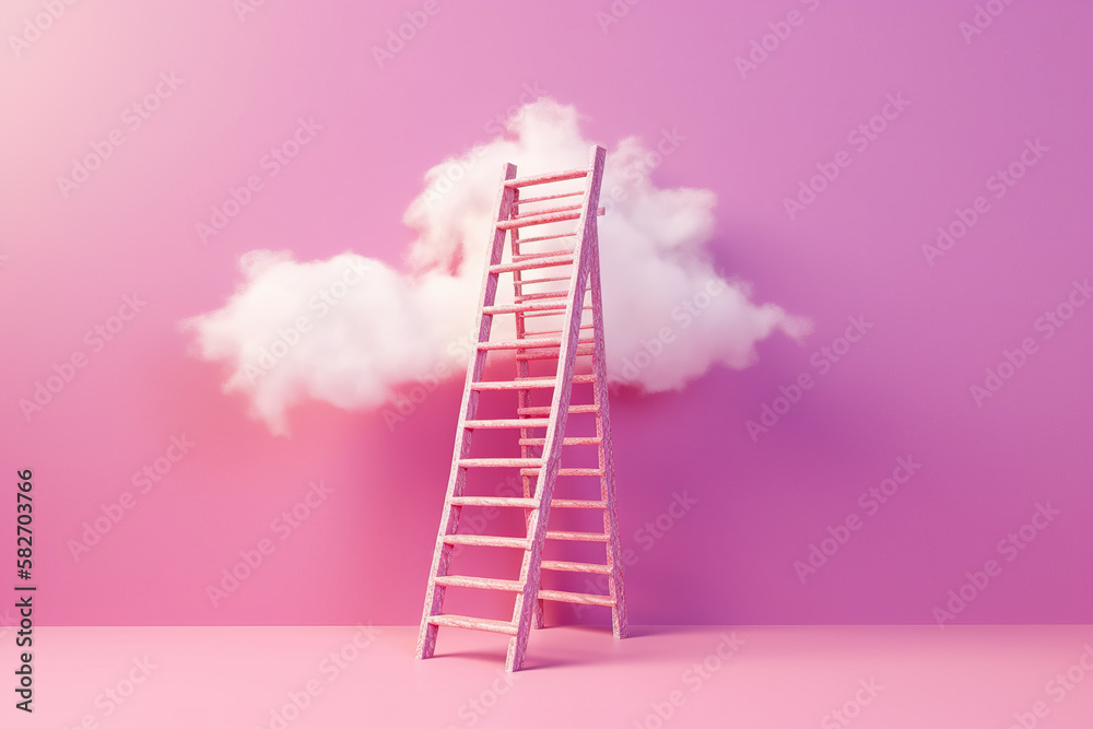 Step ladder leading to the clouds. Goal achievement, development and spirituality concept. Minimal composition in Viva Magenta colors. Generative ai