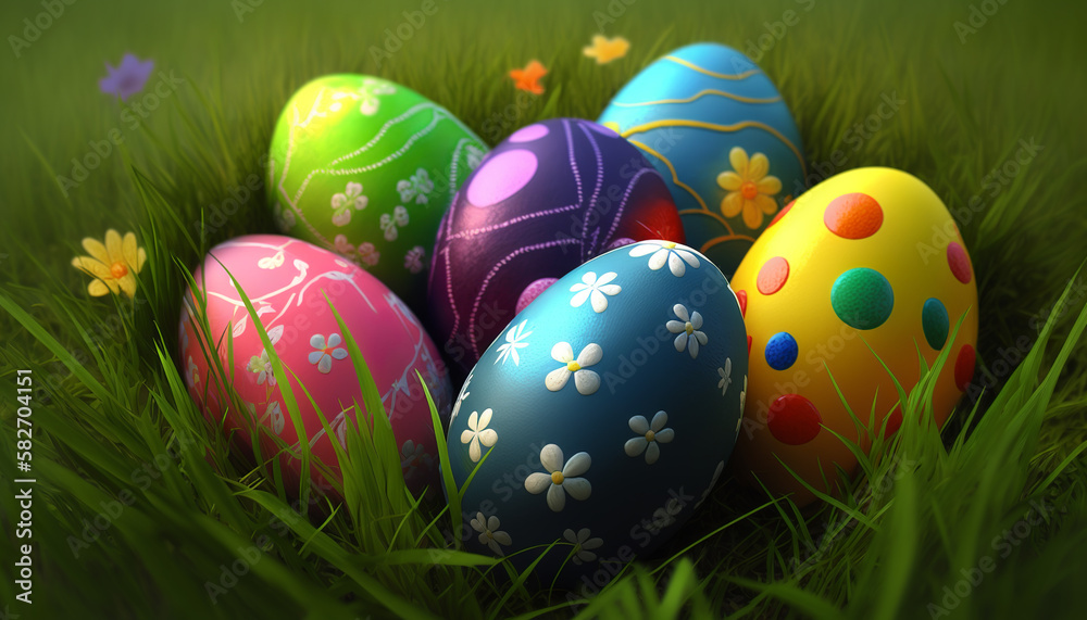 Colorful Easter eggs in the grass, Generative AI Colorful Easter eggs in the grass, Generative AI