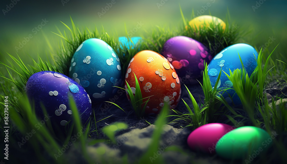 Colorful Easter eggs in the grass, Generative AI