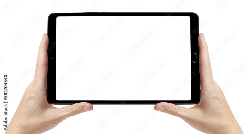 Hands holding black tablet cut out Hands holding black tablet cut out