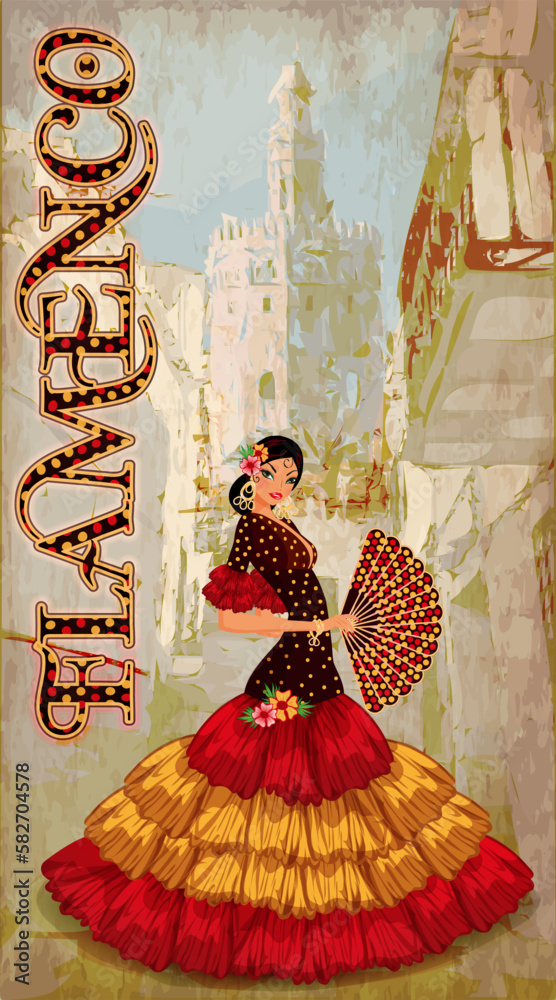 Spanish flamenco dancer  girl with fan, vector illustration - obrazy, fototapety, plakaty 