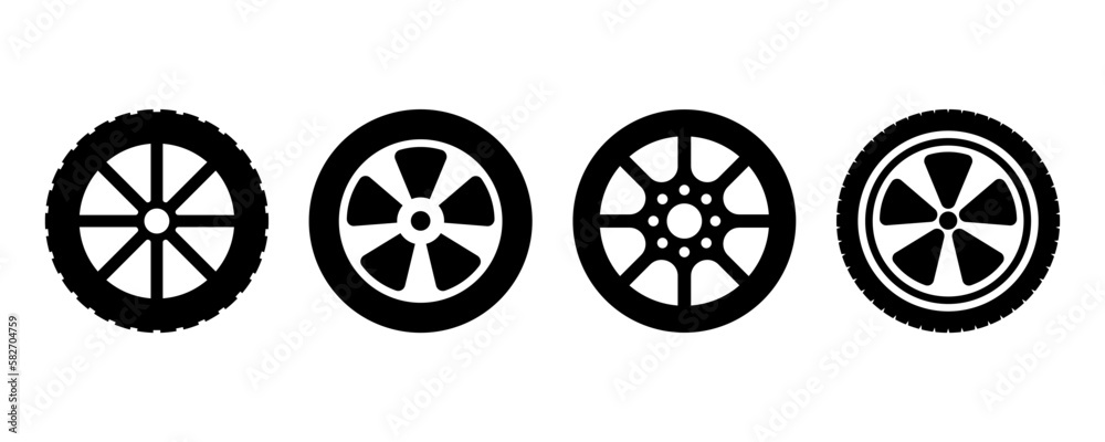 Set of car tire vector icons on white background. Black silhouette with vehicle wheel and protector. Vector 10 Eps.