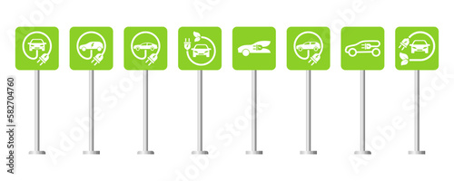 Set of road signs with car charging station. Place for electric vehicle. Eco parking with socket. Green road signs. 