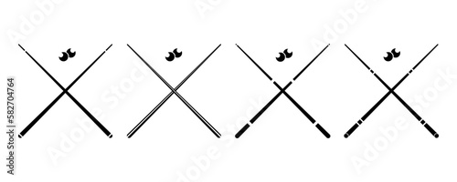 Set of billiard cues with balls vector icons. Black silhouette with crossed billiard cues and balls. Vector 10 Eps.