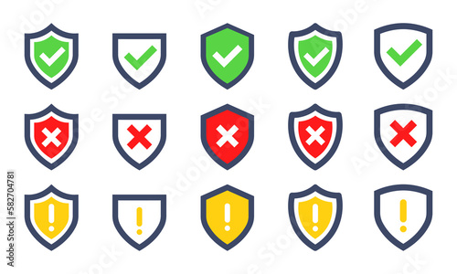 Set of shield with green check mark, red cross and yellow exclamation sign. Right or wrong symbol. Protect, safe, guarantee sign.