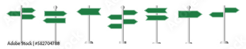 Set of green road signs template. Road arrows. Blank direction, signpost, indication or pointer. Vector 10 Eps.