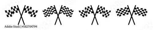 Set of crossed start or finish flag vector icons. Black and white checkered flag. Auto sport.