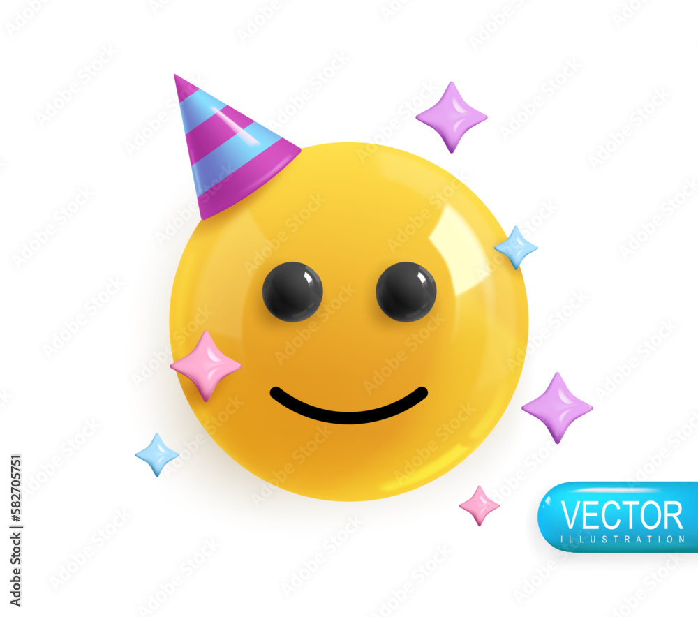 Emoji face joyful happy in a cap on a holiday. Realistic 3d Icon. Render of yellow glossy color emoji in plastic cartoon style isolated on white background. Vector illustration Emoji face joyful happy in a cap on a holiday. Realistic 3d Icon. Render of yellow glossy color emoji in plastic cartoon style isolated on white background. Vector illustration