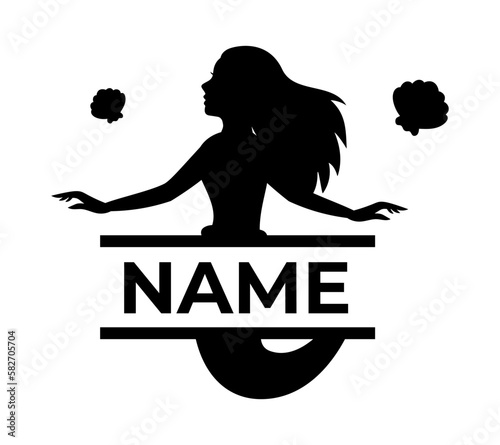 Mermaid black silhouette with monogram. Kids name monogram. Little creature with tail. Magical mermaids logo. Mythical tale character in water