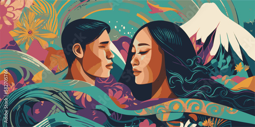 A beautiful pacific islandic girl and asian man on background waves in tropical colors and asian patterns, banner for Asian American and Pacific Islander Heritage Month