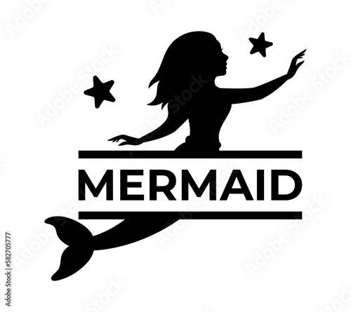 Magical mermaid logo with monogram. Kids name monogram. Swimming mermaid black silhouette. Mythical tale character in water. Little creature with tail