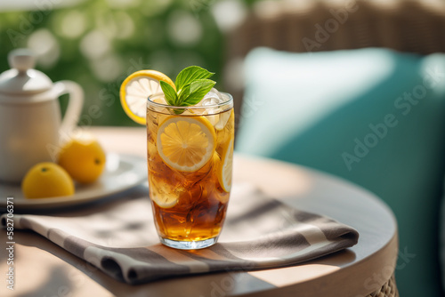 fresh cold lemon tea with mint leaf Generative AI