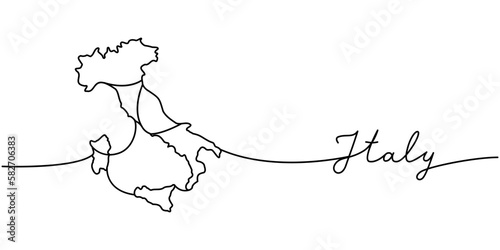 Italy - word with country silhouette one line. Minimalist drawing of phrase illustration. Italy country silhouette continuous one line illustration.