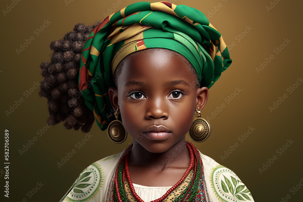 Cute black girl wearing African national costume isolated on green