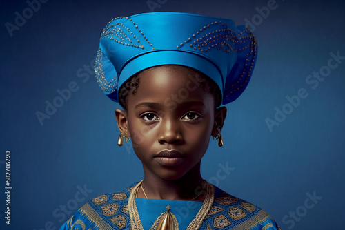 Cute black girl wearing African national costume isolated on blue background. Generative AI.