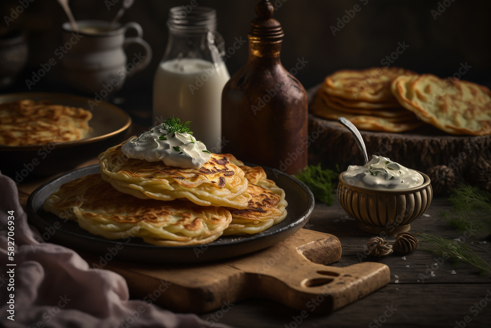 salty potato pancakes with sour cream, hash browns Generative AI salty potato pancakes with sour cream, hash browns Generative AI