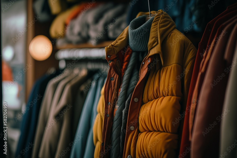 outerwear store, clothes on hangers Generative AI outerwear store, clothes on hangers Generative AI