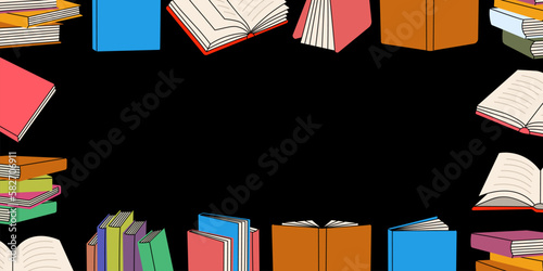 Books horizontal banner template. Closed and open books background. Bookstore, library, book shop illustration. Literature, dictionaries, planners.