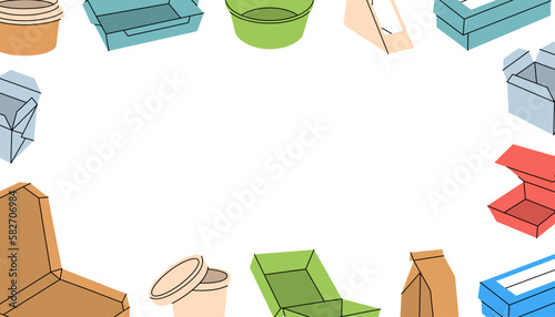 Takeaway cardboard boxes in horizontal banner. Paper take away containers line background. Food and drink packaging. Cardboard takeaway boxes banner.