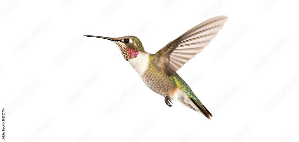 Obraz premium Flying hummingbird isolated on transparent background. PNG. Small colorful bird in flight. Digital ai art 