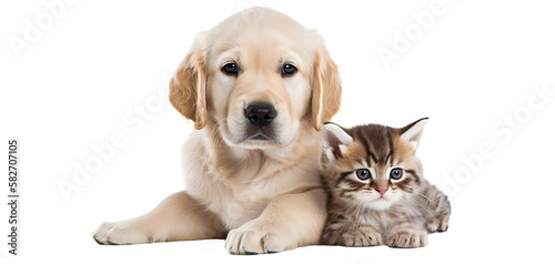 Golden retriever puppy and cute kitten lie together. isolated on transparent background. PNG. Two puppies Post-processed generative AI