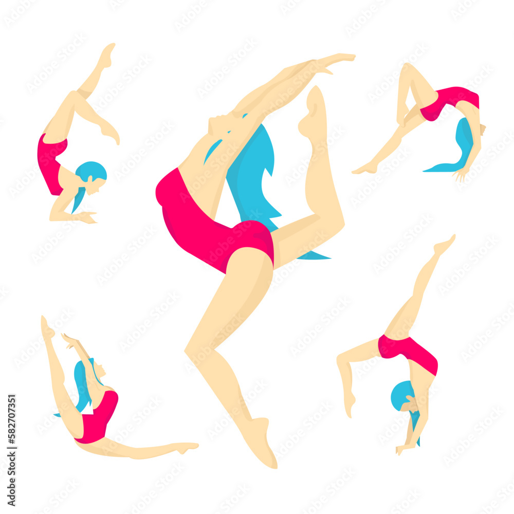 Set of gymnast poses. Young girl in crimson sportswear making an exercise for a gymnastics. Acrobatic poses. Isolated vector illustration of acrobatics on white background