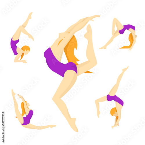 Set of gymnast poses. Young blonde girl in purple sportswear making an exercise for a gymnastics. Acrobatic poses. Isolated vector illustration of acrobatics on white background