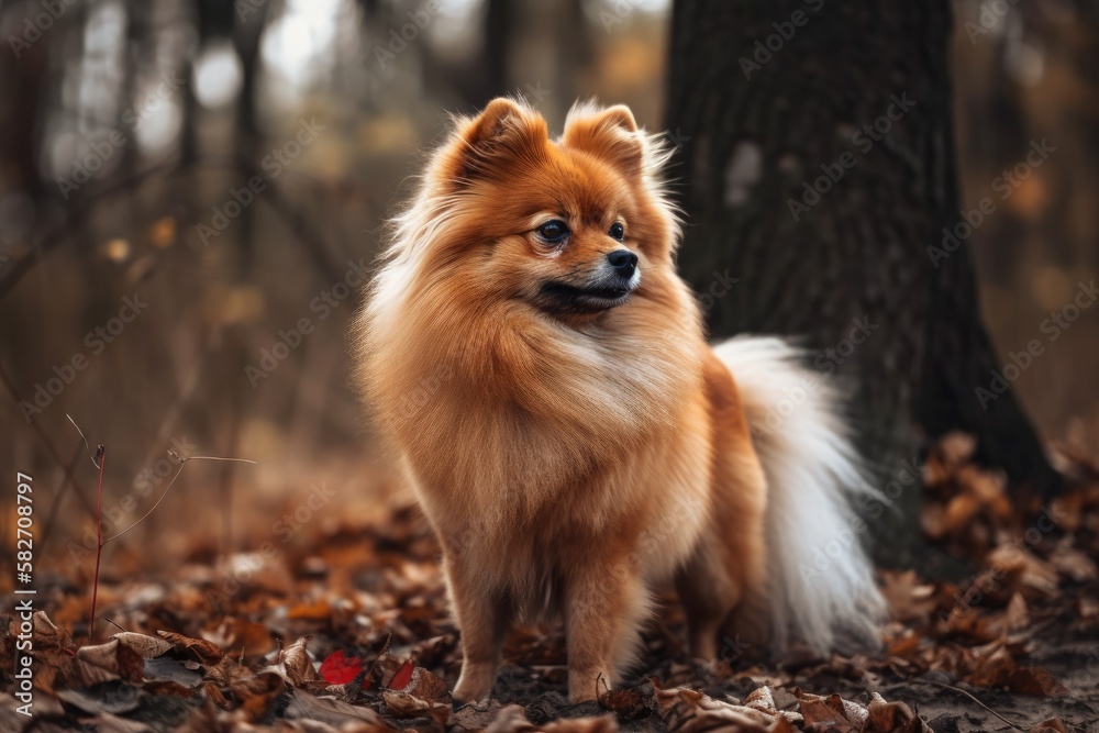 Pomeranian fluffy dog breed stands. Generative AI