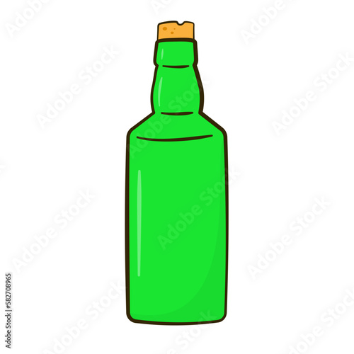 Green bottle with cork. Cartoon. Vector illustration. Isolated on white background