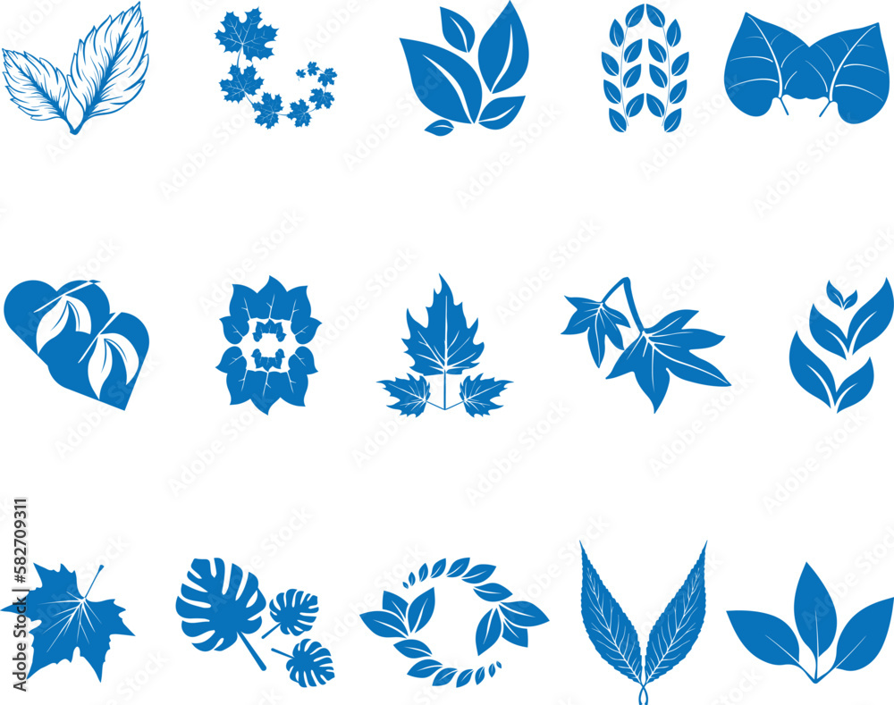 Leaf icon set, 15 nature element icon set blue vector Leaf icon set, 15 nature element icon set blue vector
