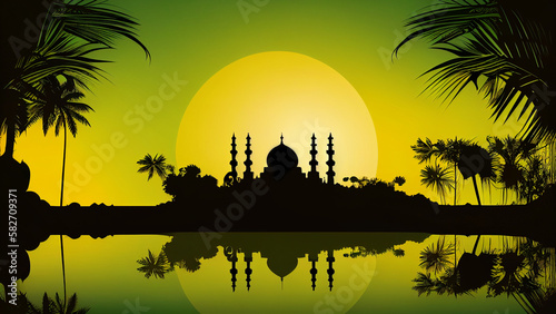 Illustration of Islamic theme design for Ramadhan and Eid Fitri celebration as banner background created with Generative AI technology.