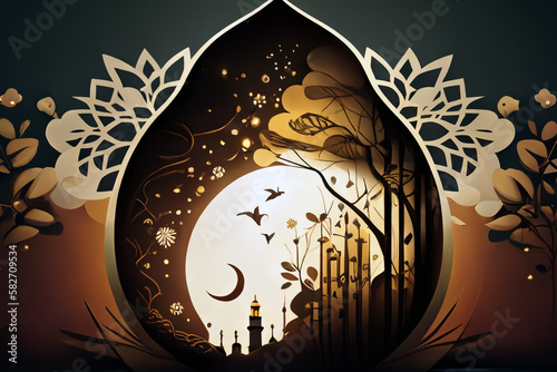 Illustration of Islamic theme design for Ramadhan and Eid Fitri celebration as banner background created with Generative AI technology.