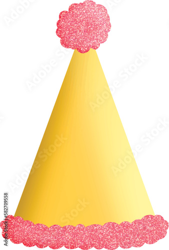 Gold Glitter Party Hat with Pink Pompom Isolated Clipart Illustration for celebration design, planner sticker, pattern, background, invitations, greeting cards, sublimation.