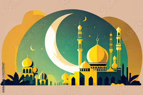 Illustration of Islamic theme design for Ramadhan and Eid Fitri celebration as banner background created with Generative AI technology.
