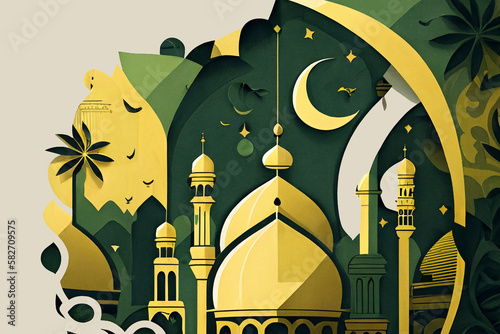 Illustration of Islamic theme design for Ramadhan and Eid Fitri celebration as banner background created with Generative AI technology.