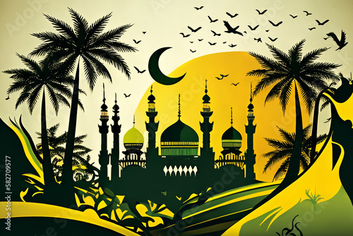 Illustration of Islamic theme design for Ramadhan and Eid Fitri celebration as banner background created with Generative AI technology.