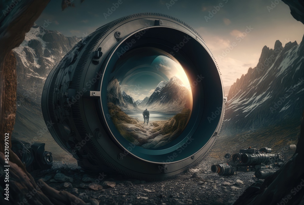 Reflection of an apocalyptic city on the lens of a camera created with ...