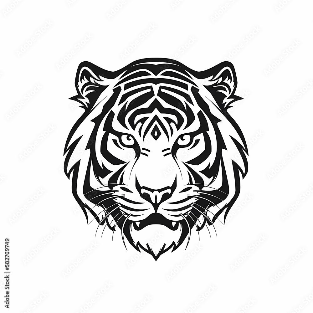 Tiger Head Black and White Isolated White. Generative AI