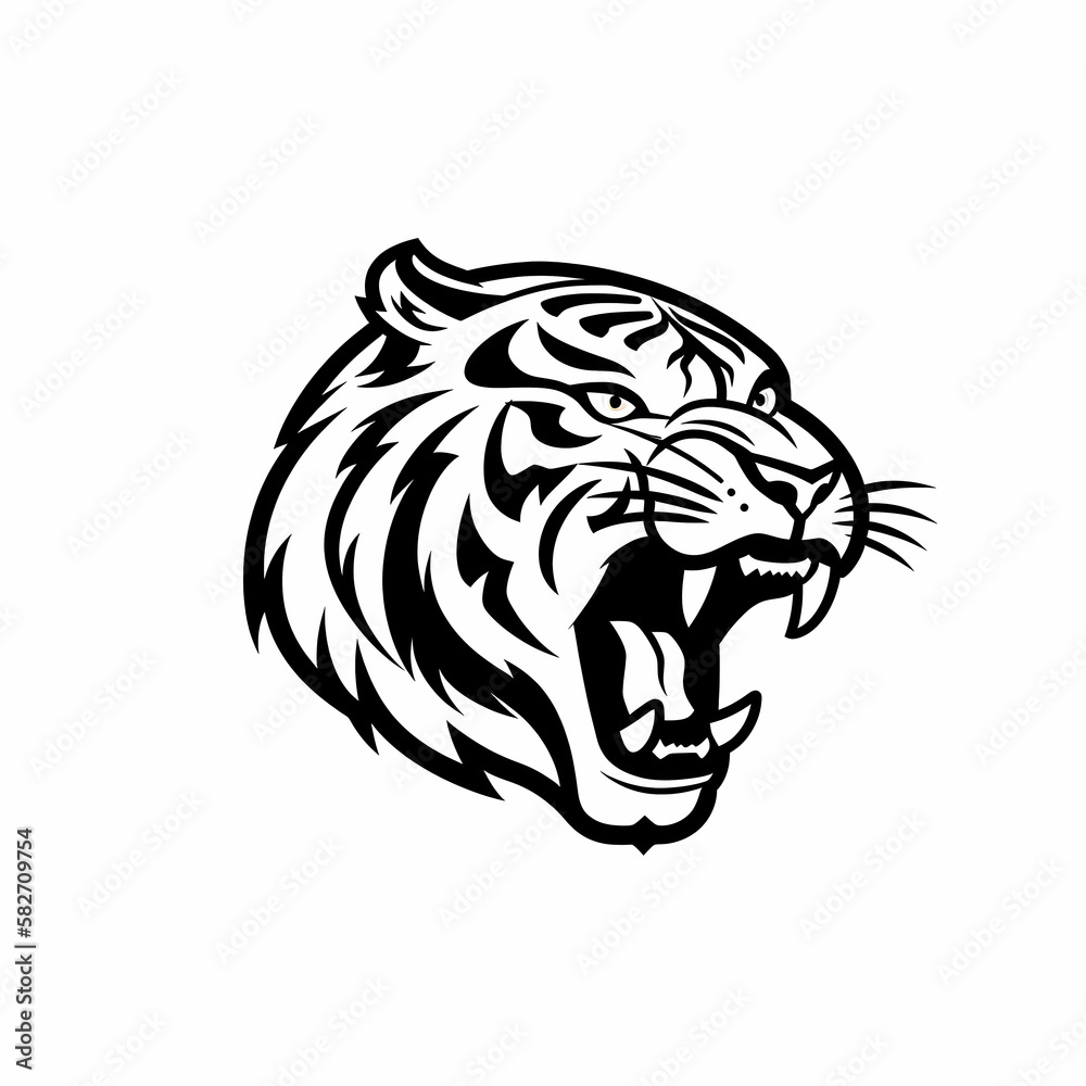 Fototapeta premium Tiger Head Black and White Isolated White. Generative AI