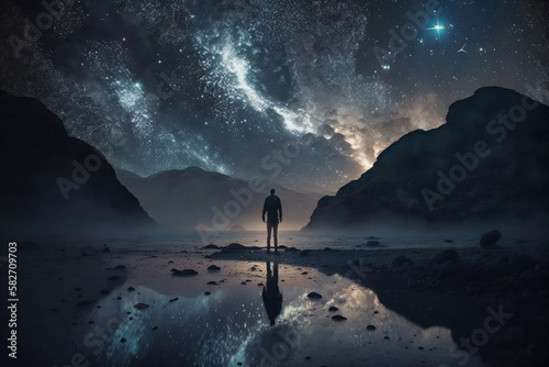 A lone person looks up at the stars of the Galaxy at night created with generative AI technology. photo