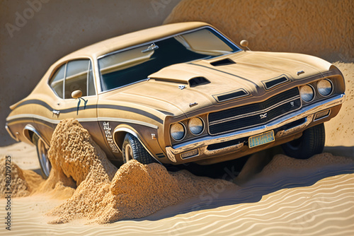 A fast muscle car churns up sand in a desert created with generative AI technology.