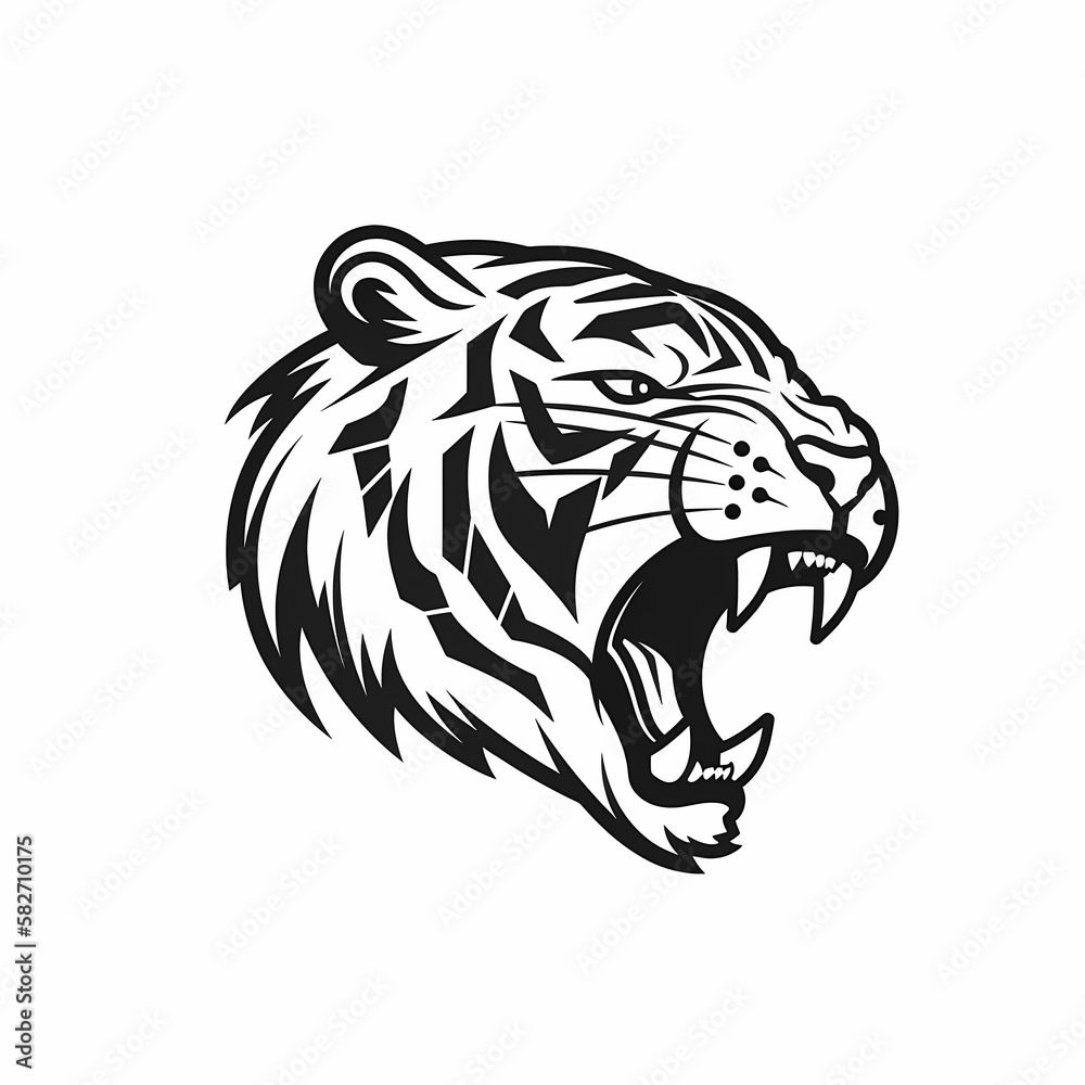 Tiger Head Black and White Isolated White. Generative AI