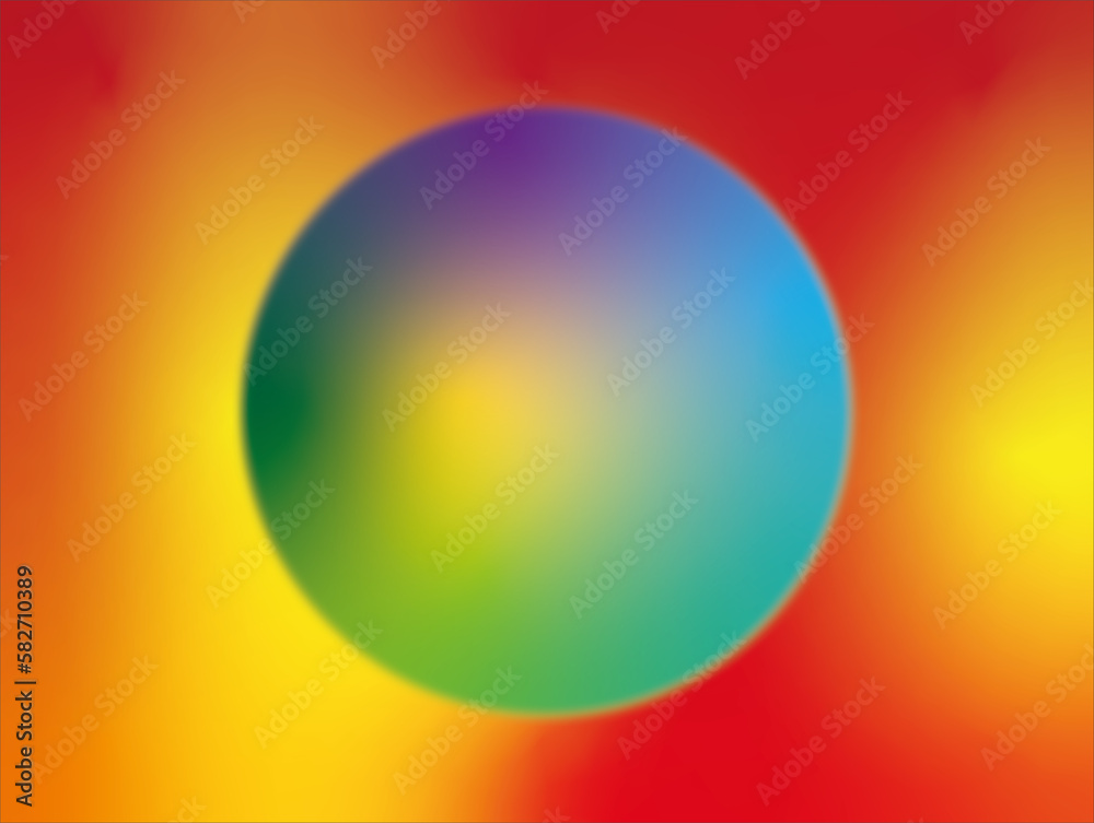 Ilustracja przedstawiająca wielokolorową kulę. Efekt 3d osiągnięto dzięki zastosowaniu gradientu. Kula jest umieszczona na czerwono żółtym tle.