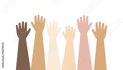 Raising Hands with Different Skin Color. Happy Community, Diversity, multiracial, teamwork, Connection concepts. Flat cartoon vector isolated design illustration.