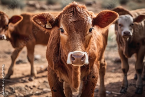 Curiosity of farm animals demonstrates inquisitive beefmaster calves on ranch. Generative AI photo