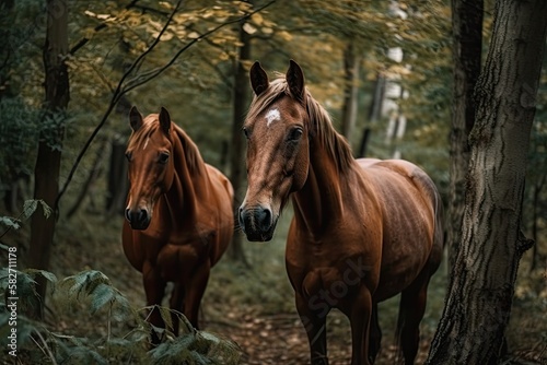 Horses graze in the woods. Lovely horse in the woods. Generative AI © AkuAku